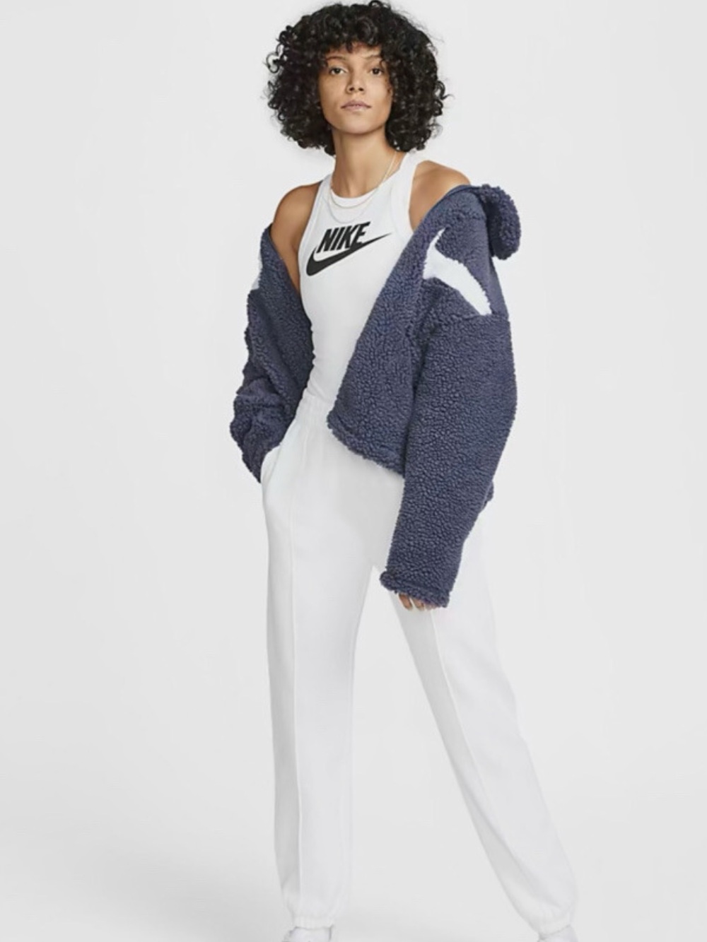 NIKE Sweater Sherpa Navy Faux Fur Swoosh Zip Jacket White Swoosh Vintage Retro - Picture 4 of 12